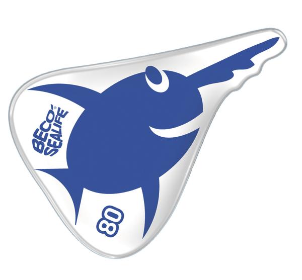 Blaues Rochen-Logo mit Schriftzug "BECO-SEALIFE" auf weißem Hintergrund.