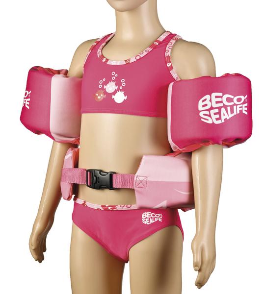 Kinder-Schwimmhilfe in Pink mit Auftriebshilfen an Armen und Hüfte, Marke BECO SEALIFE.