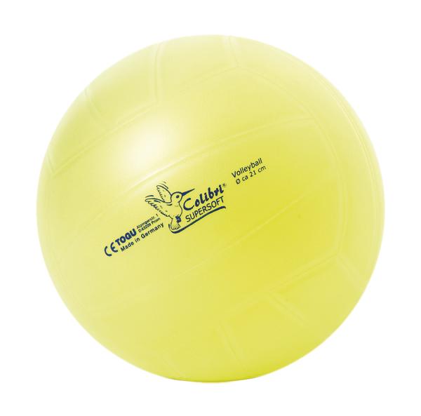 Gelber Volleyball mit "Colibri Supersoft" Aufdruck, 21 cm Durchmesser, weich und leicht.