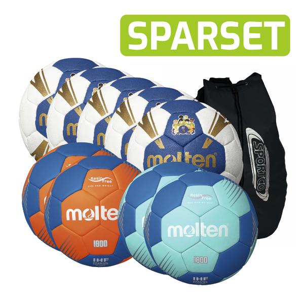 Handball Sparset mit weißen, orange-blauen und blau-türkisen Bällen und schwarzer Sporttasche
