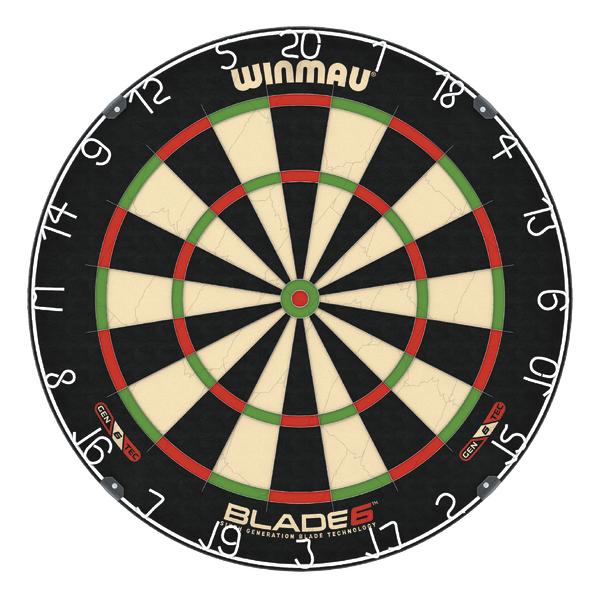 Dartscheibe Winmau Blade 6 mit schwarzem, weißem, rotem und grünem Segmentdesign.