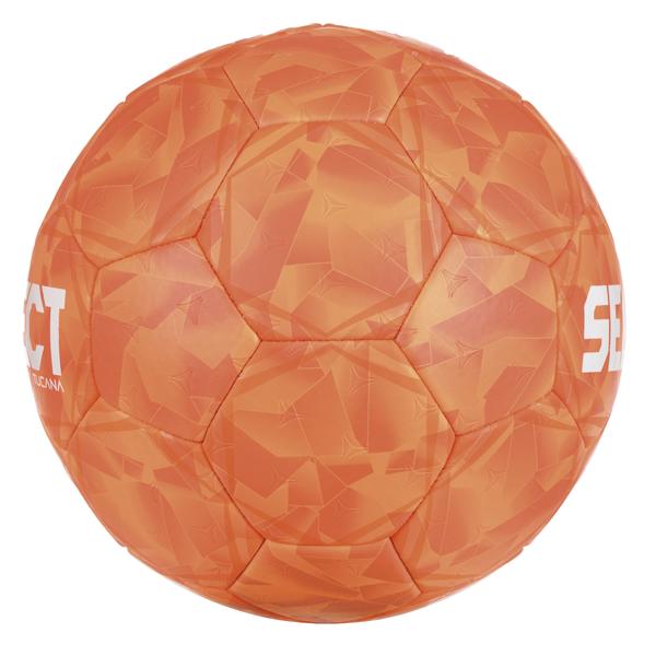 Oranger SELECT Tucana Handball mit geometrischem Ton-in-Ton-Muster und weißem SELECT-Schriftzug auf der Vorderseite seitliche Ansicht