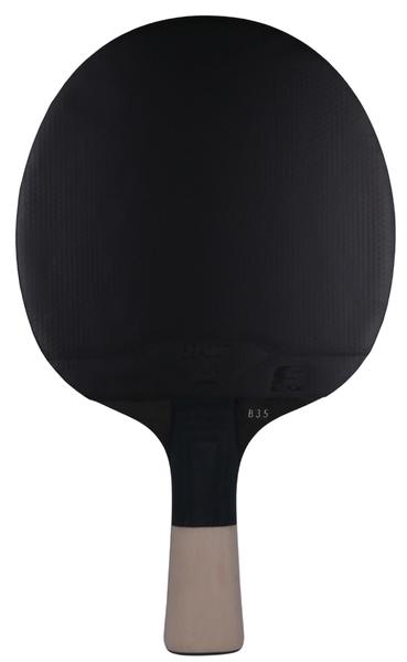 Pingpong-Schläger mit schwarzer Spielfläche und hellem Holzgriff, isoliert auf weißem Hintergrund.