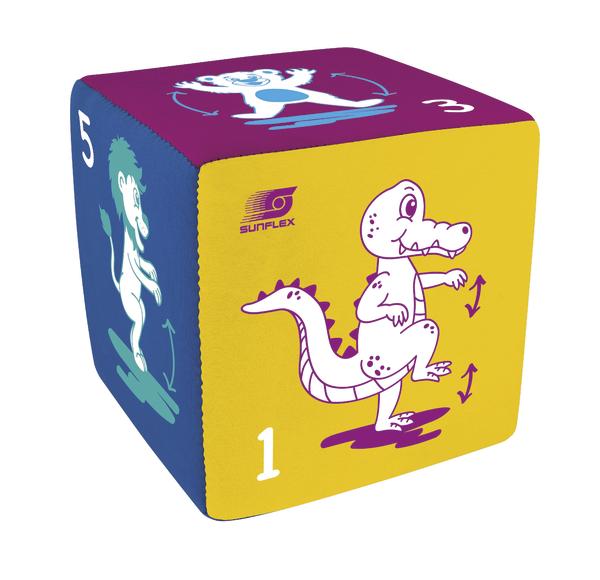 Weicher Würfel mit bunten Tierillustrationen und Zahlen für Kinder zum Spielen.