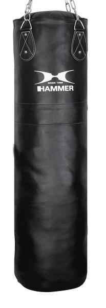 Schwarzer Hammer Boxsack aus Leder, hängend mit Metallketten, für Kampfsporttraining.