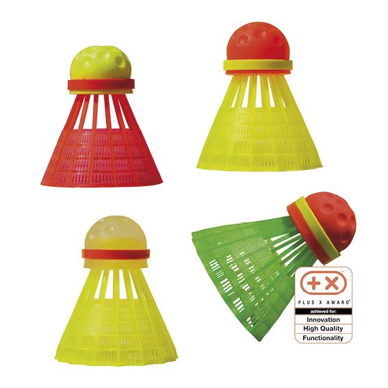 Bunte Kunststoff-Badmintonbälle in Rot, Gelb und Grün, mehrfach dargestellt.