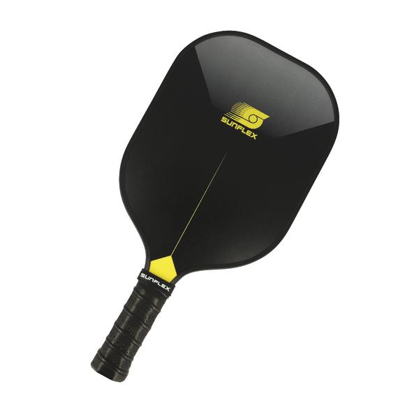 Schwarzer Sunflex Pickleball-Schläger mit ergonomischem Griff und gelbem Logo.