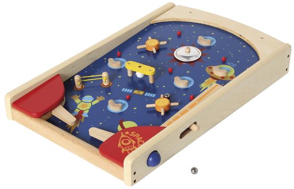 Holz-Pinball-Spiel mit Weltraum-Motiv und roten Flipperhebeln für Kinder.