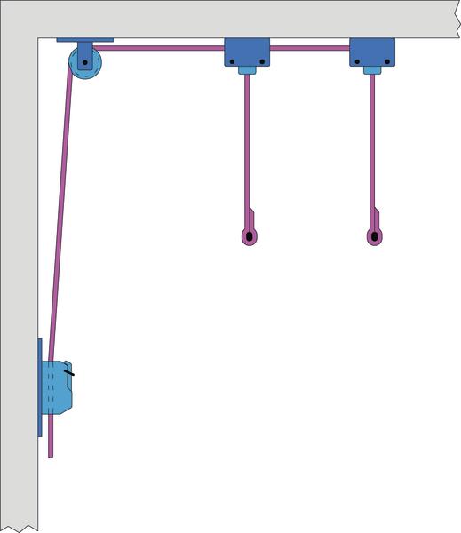 Darstellung eines Seilzugsystems mit Umlenkrollen und Haken an einer Wandmontage.