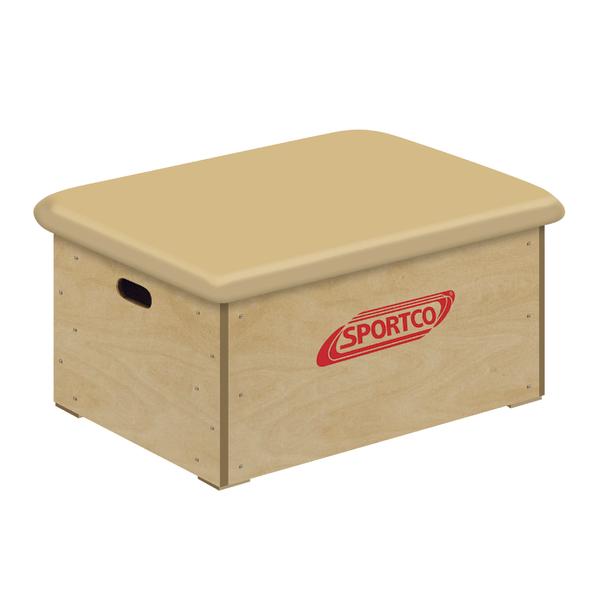 Sprungkasten aus Holz mit gepolsterter Oberfläche und Griffen, Sportgerät für Gymnastik.