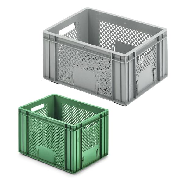 Graue und Grüne Kunststoff-Aufbewahrungsboxen für sichere Lagerung vor weißem Hintergrund.