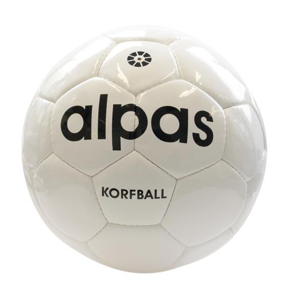 Weißer Alpas Korfball Ball mit schwarzer Schrift, geeignet für Korfball Spiele.