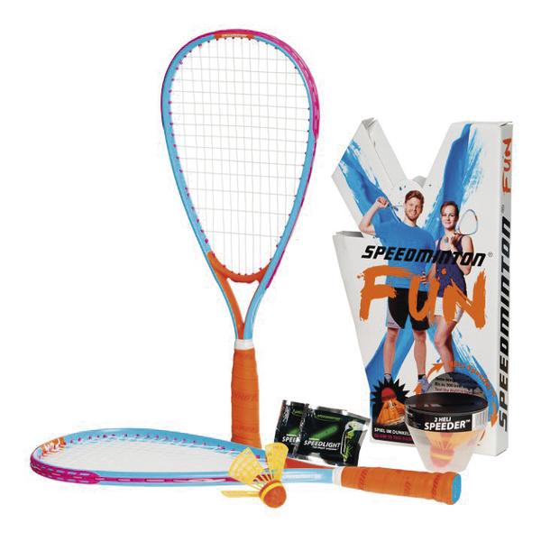Speedminton Set mit zwei Schlägern, drei Speeder-Shuttles und Verpackung "Speedminton Fun"