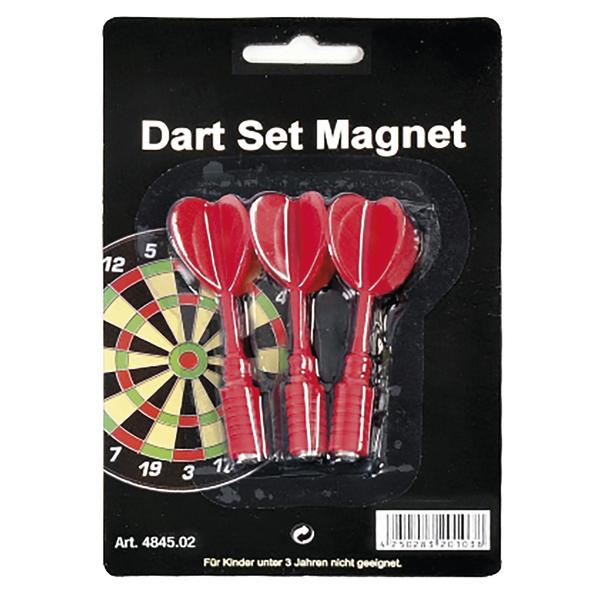 Magnetisches Dart-Set mit drei roten Pfeilen und Dartboard-Motiv auf schwarzer Verpackung.