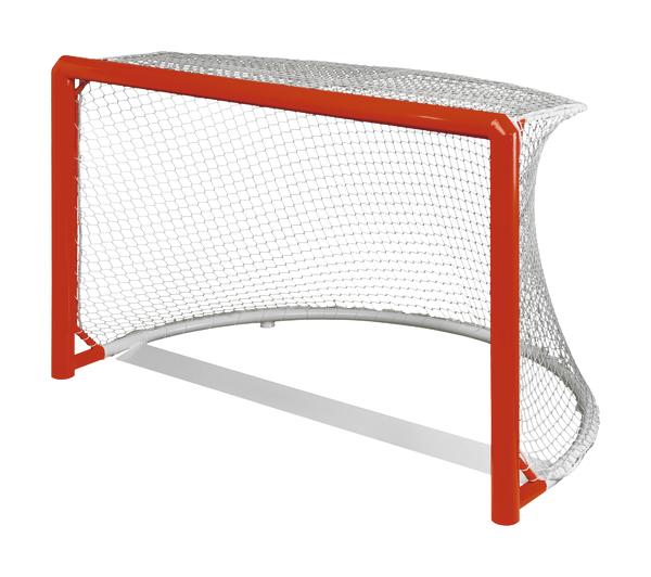 Eishockey-Tor mit rotem Rahmen und weißem Netz, freigestellt vor weißem Hintergrund.