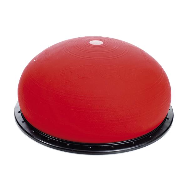 Rotes Balance-Trainingsgerät mit halbrunder Form und schwarzer Basis für Fitnessübungen.