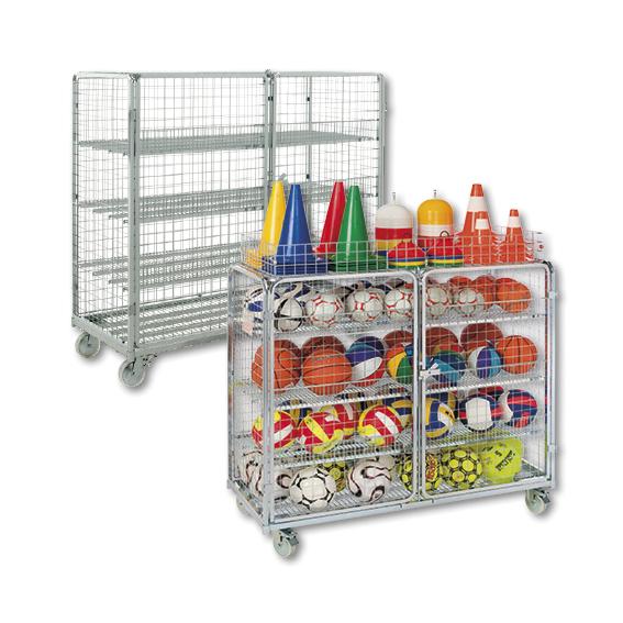 Metallwagen mit Gitterregalen und Rollen für Sportgeräte und Lagerung.