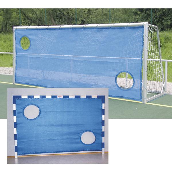 Fußballtor mit blauem Trainingsnetz und zwei Zielöffnungen auf dem Sportplatz.