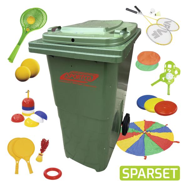 Rotes Sportco Spieltonnen-Set mit verschiedenen Outdoor-Spielgeräten für Kinder.