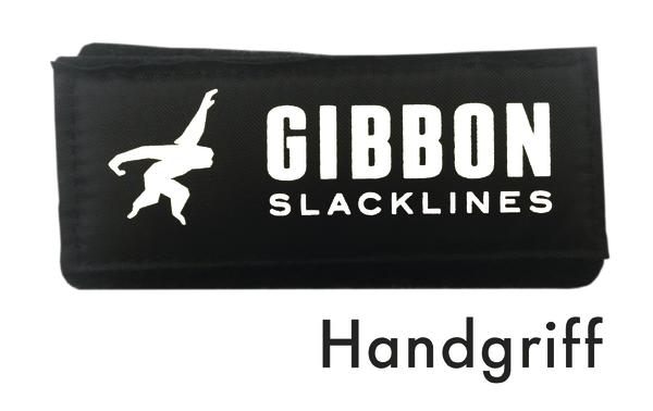 Schwarzer Gibbon Slacklines Handgriff mit weißem Logo und Schriftzug auf weißem Hintergrund.