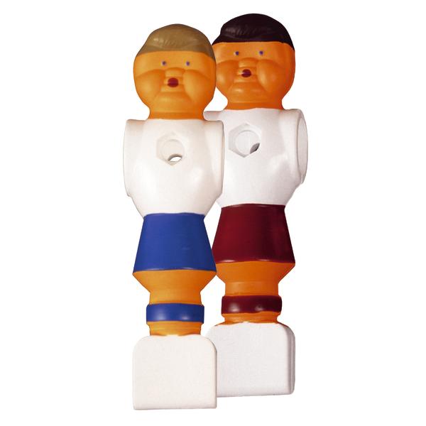 Tischfußball-Spielerfiguren in weißem Trikot mit blauer und roter Hose, Nahaufnahme.