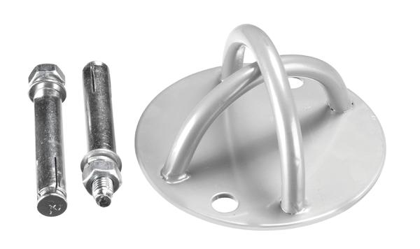 Wandhalterung mit zwei Metallankern zur Befestigung von Trainingsgeräten oder Seilen.