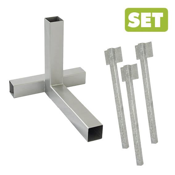 Metallisches Erdspiess-Set mit drei Pfosten und einem dreifachen Rohrverbinder für Gartenbau.