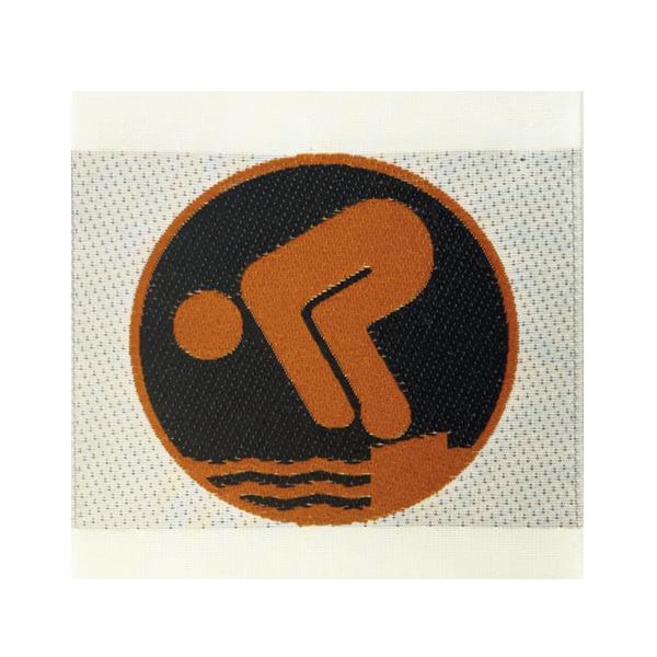 Symbol eines springenden Schwimmers über ein Startblock im Wasser, orange und schwarz.