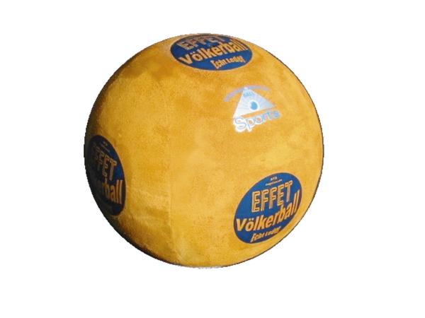 Gelber Völkerball mit blauen Logos und Schrift für Sport und Effet-Spiel.