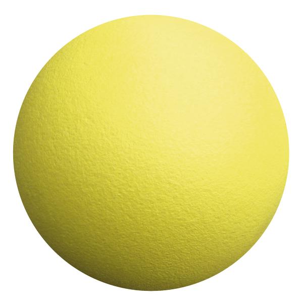 Gelber Tischtennisball mit strukturierter Oberfläche vor weißem Hintergrund.