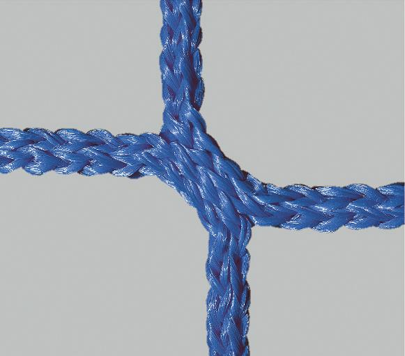 Blaues, geflochtenes Kunststoffseil in Kreuzform auf grauem Hintergrund.