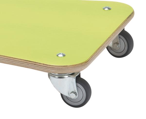 Gelbes Transportbrett mit zwei schwarzen Lenkrollen aus Holz und Metallrahmen.