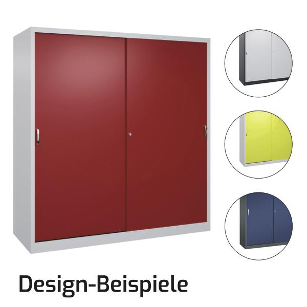 C+P Sportgeräteschrank Typ V mit Schiebetüren in Rubinrot und lichtgrauem Korpus.