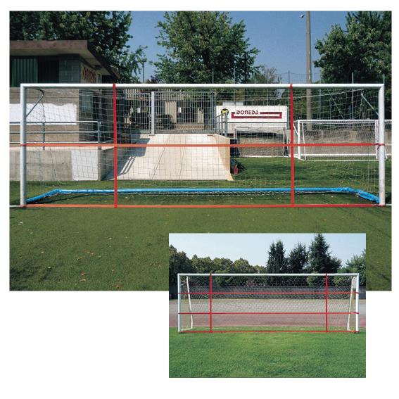 Fußballtor mit roten Markierungen auf grünem Spielfeld vor Gebäuden und Bäumen.