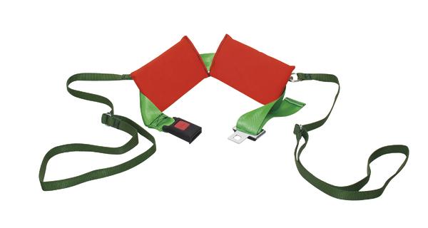 Saltogürtel mit roten Polstern und grünen Gurten.