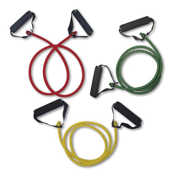 Fitness-Trainingsbänder mit Griffen für Widerstandsübungen in verschiedenen Farben.