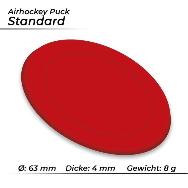 Roter Airhockey-Puck mit technischen Angaben zu Durchmesser, Dicke und Gewicht