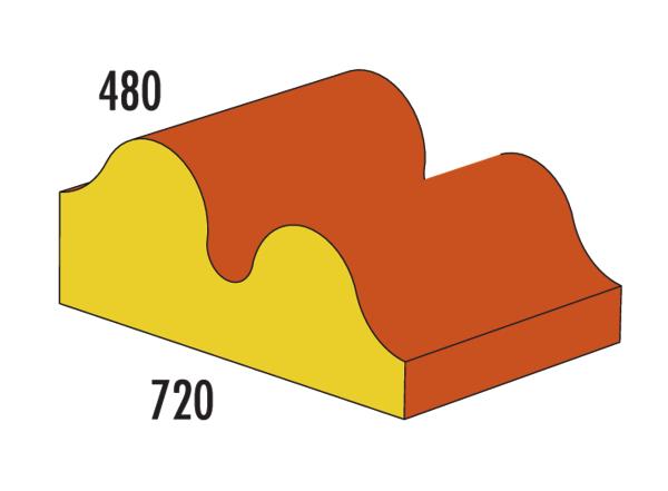 3D-Modell eines wellenförmigen Objekts mit den Maßen 480 x 720 in Gelb und Orange.