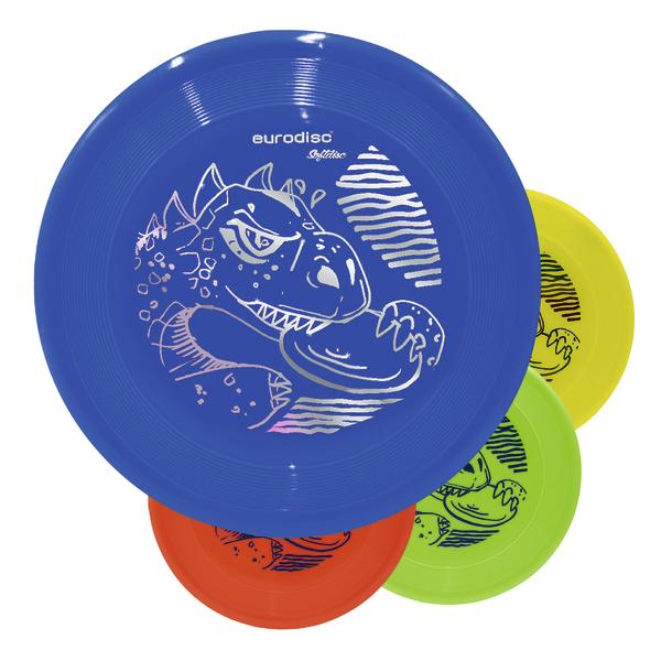 Bunte Eurodisc Softdisc Frisbees mit Drachenmotiv in Blau, Gelb, Grün und Orange.