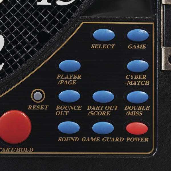 Steuerungstasten eines elektronischen Dartscheiben-Spiels mit blauen und roten Knöpfen.