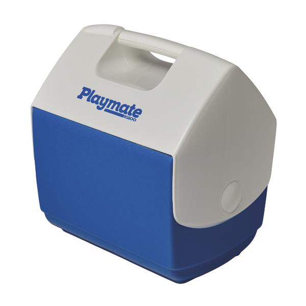 Kompakter Playmate Igloo Kühlbox mit blauem Boden und weißem Griff für unterwegs.