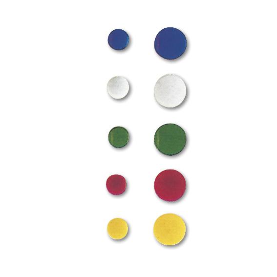 Bunte runde Magneten in verschiedenen Größen und Farben auf weißem Hintergrund.