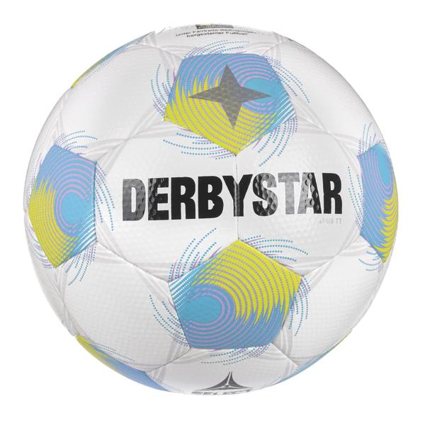 Weißer Derbystar-Fußball mit bunten grafischen Mustern in Blau, Grün und Gelb.