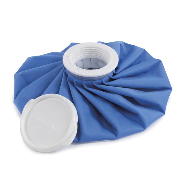 Blauer Eisbeutel mit weißem Schraubverschluss und abnehmbarem Deckel, isoliert.