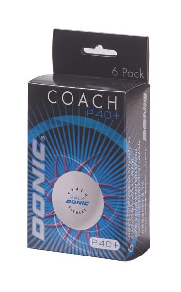 Verpackung mit 6 Donic Coach P40+ Tischtennisbällen für professionelles Training.