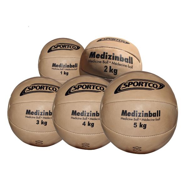 Set aus fünf Sportco Medizinbällen in verschiedenen Gewichten von 1 bis 5 kg.
