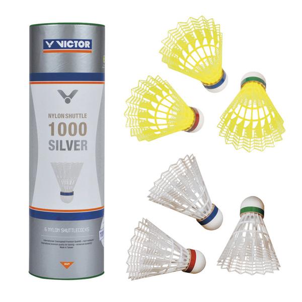 Victor Nylon Shuttle 1000 Silver Badminton-Federbälle in Gelb und Weiß, 6 Stück.