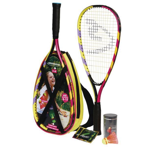 Speedminton-Set für Kinder mit Schläger, Tasche, Federbällen und Zubehör, bunt und leicht.