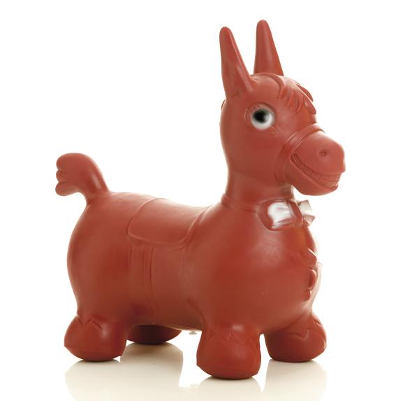 Rotes Hüpfpferd aus Gummi mit Schleife, Kinderspielzeug für drinnen und draußen.