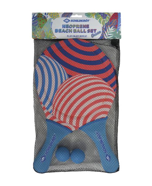 Neopren Beachball-Set mit zwei Schlägern und Bällen in Netzverpackung, bunt gestreift.